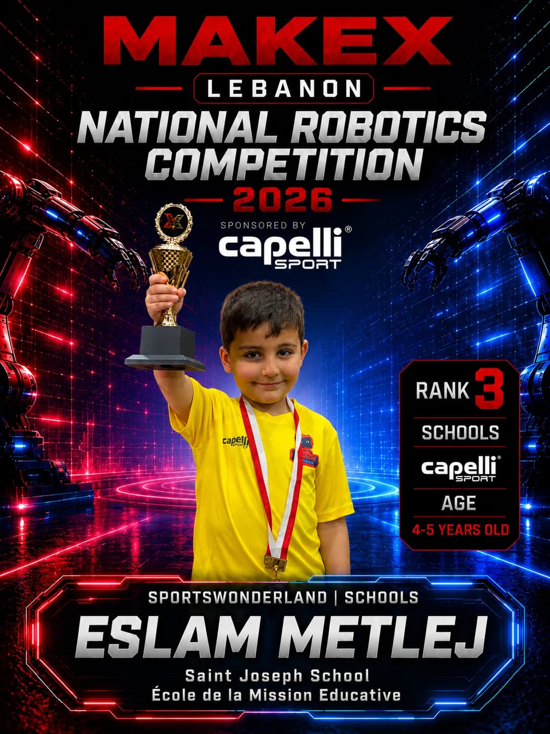 Rank 3 — Eslam Metlej, Saint Joseph School - École de la Mission Educative · Capelli SportsWonderland, Schools · ages 4–5, MakeX Lebanon 2026