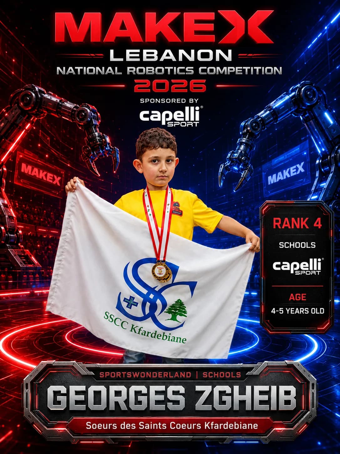 Rank 4 — Georges Zgheib, Soeurs des Saints Coeurs Kfardebiane · Capelli SportsWonderland, Schools · ages 4–5, MakeX Lebanon 2026