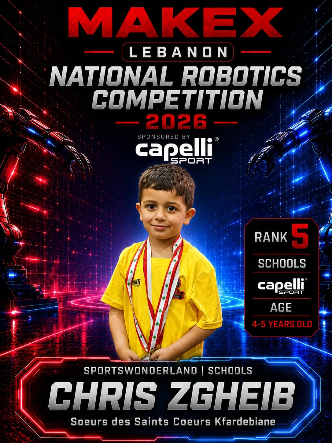 Rank 5 — Chris Zgheib, Soeurs des Saints Coeurs Kfardebiane · Capelli SportsWonderland, Schools · ages 4–5, MakeX Lebanon 2026
