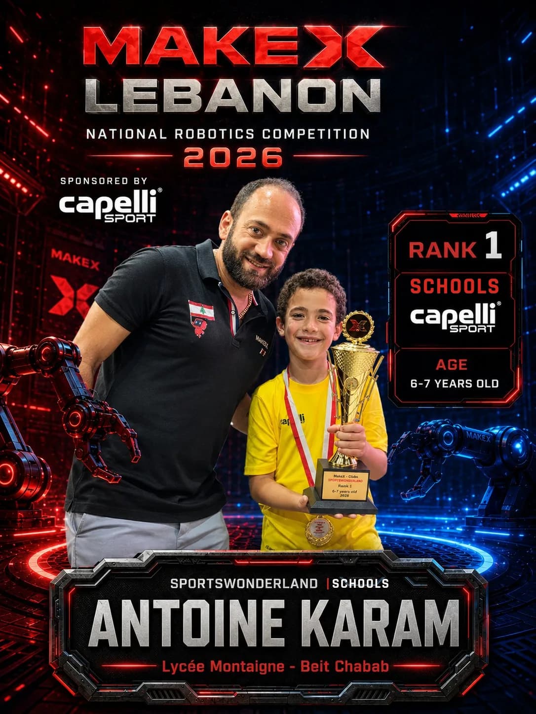 Rank 1 — Antoine Karam, Lycée Montaigne - Beit Chabab · Capelli SportsWonderland, Schools · ages 6–7, MakeX Lebanon 2026