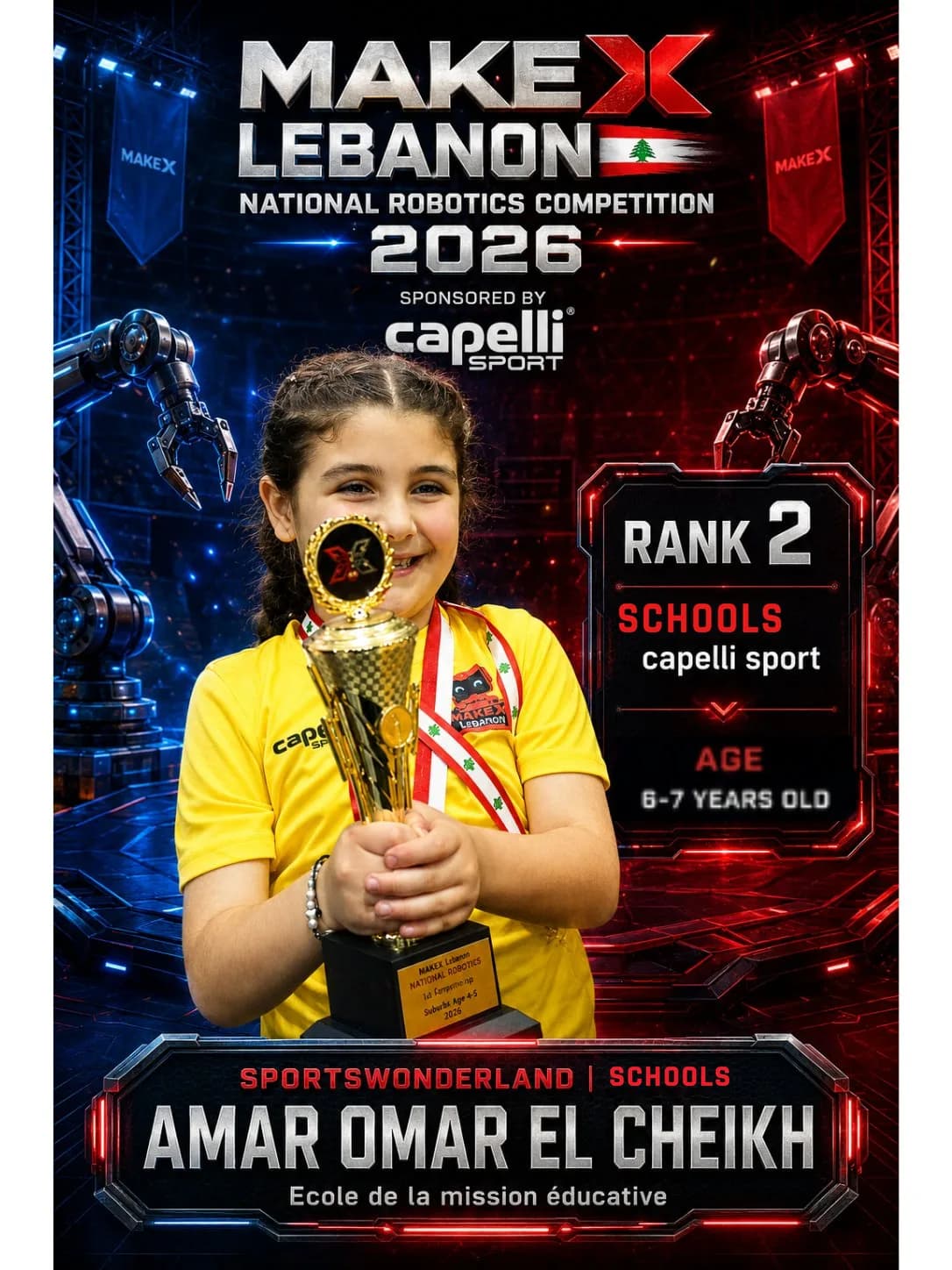 Rank 2 — Amar Omar El Cheikh, Ecole de la mission éducative · Capelli SportsWonderland, Schools · ages 6–7, MakeX Lebanon 2026