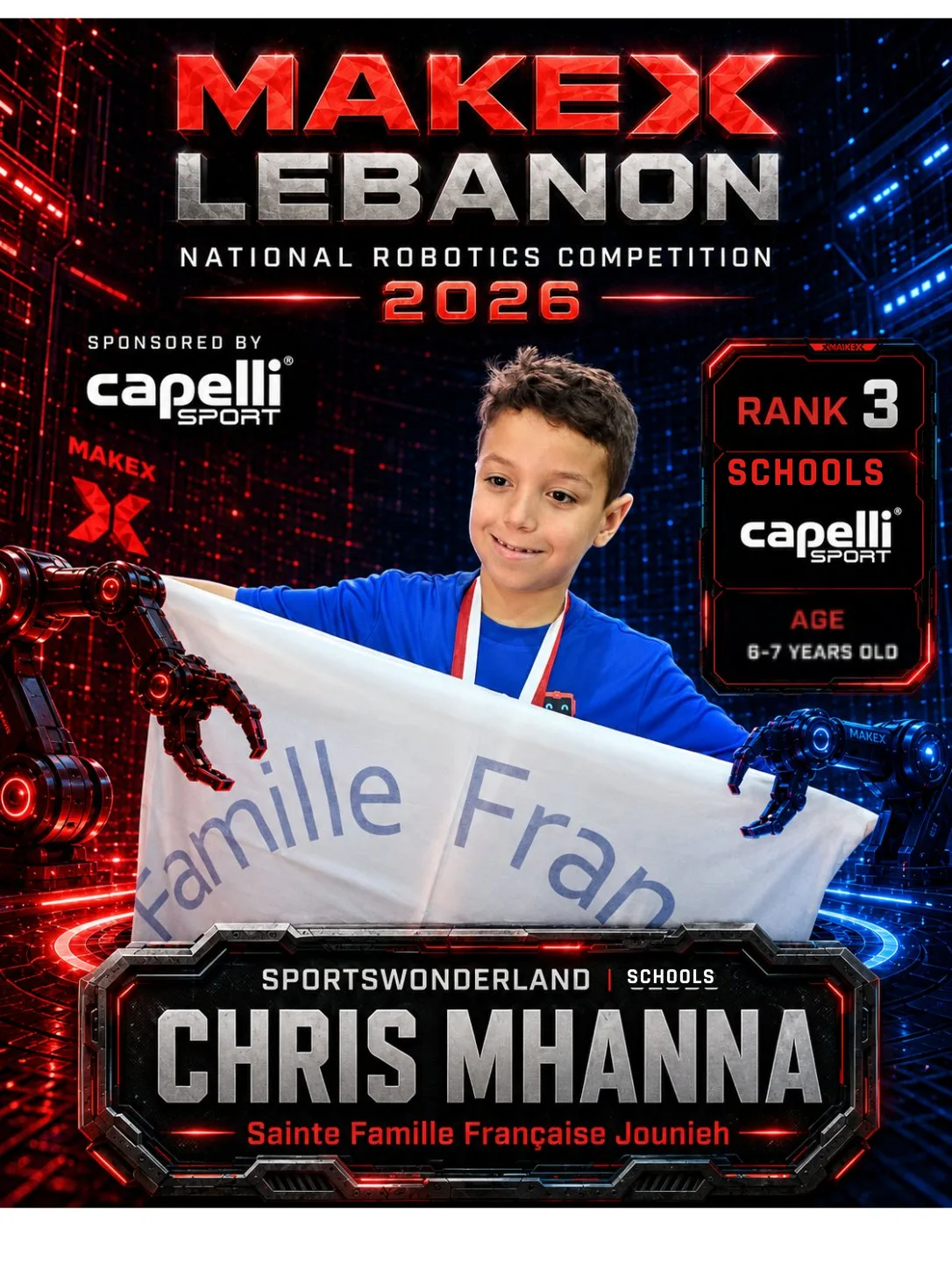 Rank 3 — Chris Mhanna, Sainte Famille Française Jounieh · Capelli SportsWonderland, Schools · ages 6–7, MakeX Lebanon 2026