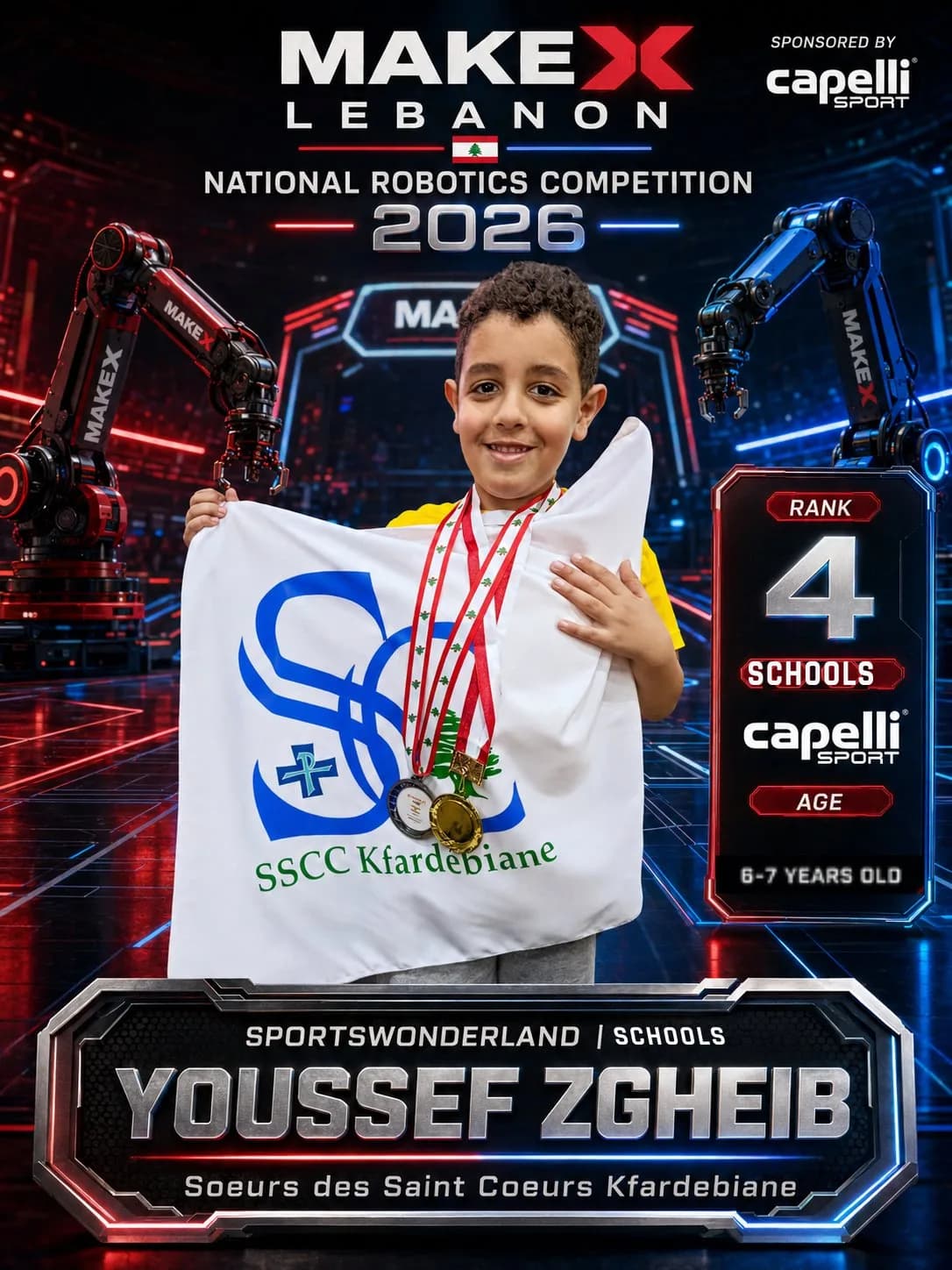Rank 4 — Youssef Zgheib, Soeurs des Saint Coeurs Kfardebiane · Capelli SportsWonderland, Schools · ages 6–7, MakeX Lebanon 2026