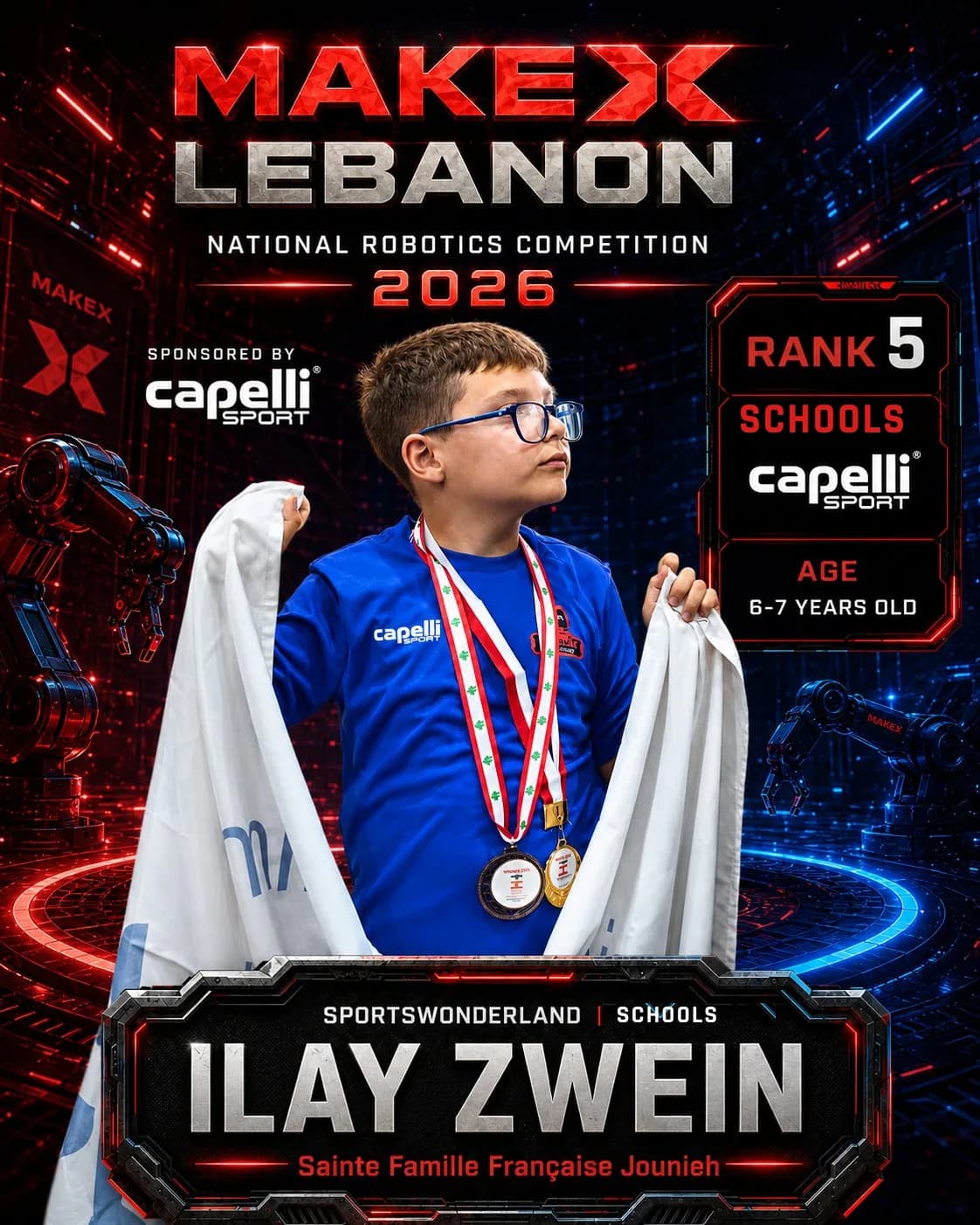 Rank 5 — Ilay Zwein, Sainte Famille Française Jounieh · Capelli SportsWonderland, Schools · ages 6–7, MakeX Lebanon 2026